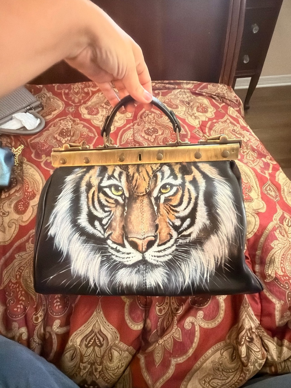 Genuine leather doctor bag Tiger face top handle purse Hand painted from Italy - Picture 2 of 7